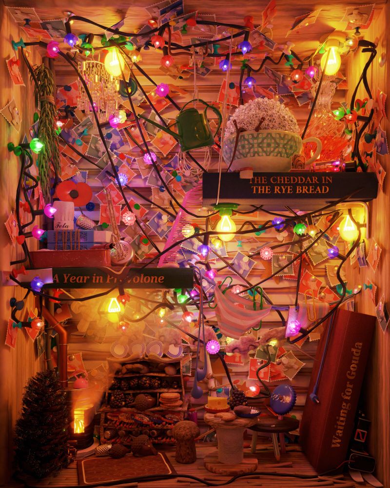 A small nook full of books and fairy lights and postage stamps housing a mouse. The books are titled “The Cheddar In the Rye Bread”, “A Year in Provolone”, and “Waiting for Gouda”