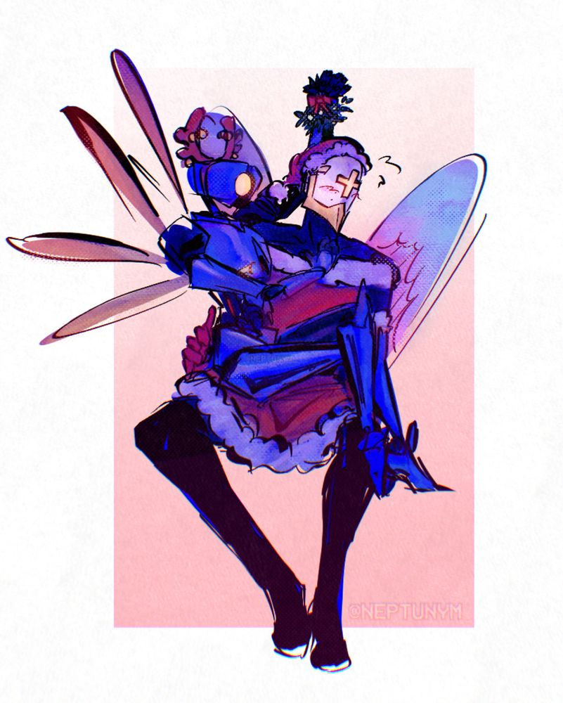 A messy drawing of V1 and Gabriel from Ultrakill with a pink square as a background. Gabriel is wearing a santa dress and hat, with black thigh high shoes and red gloves. His right hand is hovering over V1's hip, and his wings and helmet are tinted pink. V1 is sitting on his lap, wearing a reindeer headband with bells. Its right hand is on his chest, while the other holds up mistletoe. V1 is staring right at Gabriel, and he is looking away in embarrassment.