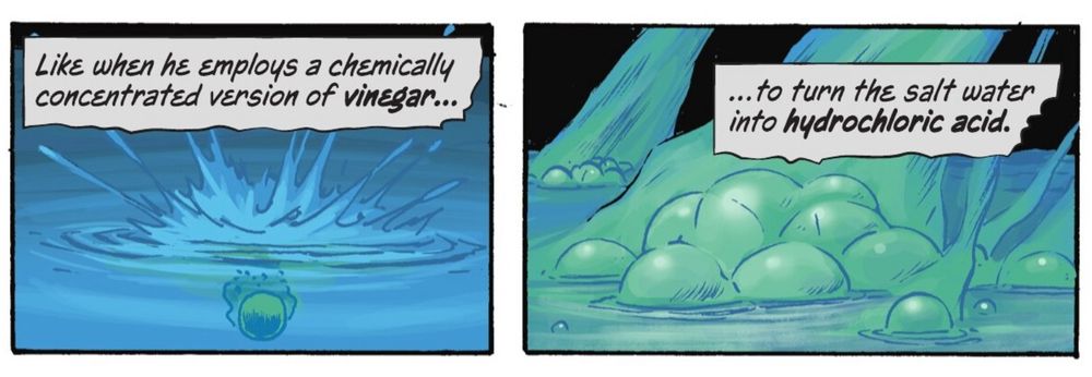 Panel from Absolute Batman #2 - glacial acetic acid capsules into salt water produces hydrochloric acid
