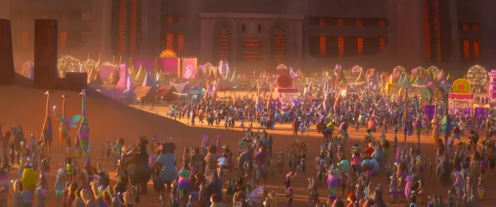 A scene from Zootopia 2 of “Burning Mammal”, which resembles Burning Man, but with animals.   