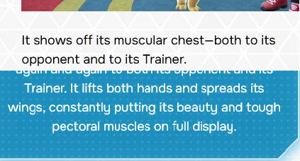 Official description for Mega Hawlucha. They read "It shows off its muscular chest, both to its opponent and to its Trainer." and "It lifts both hands and spreads its wings, constantly putting its beauty and tough pectoral muscles on full display."