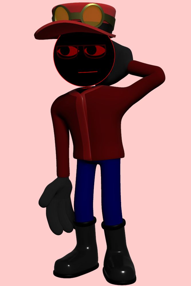 A render of Conavia. Its body is pitch black with red outlines. Its head is spherical, and floating, disconnected from the torso. 

It's in its cold weather outfit. Along with its cap and shades, it's wearing a red coat, blue pants, black boots, and black gloves.

It's standing, with a hand behind its head.