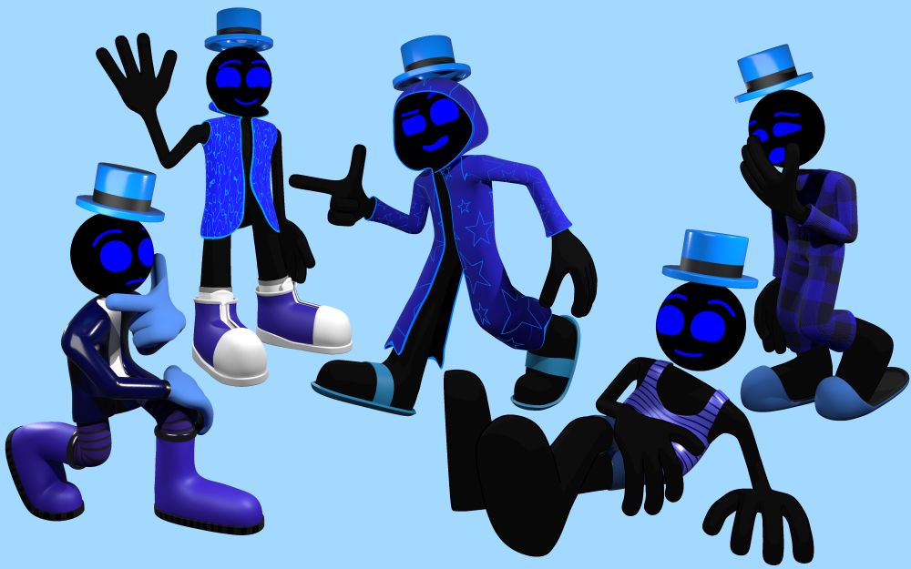 Images of my wizard sona guy in 5 different poses and outfits.
His skin is pitch black, and his head is a floating sphere with a blue cartoony face on it.
In every outfit he has a blue top hat floating above his head.

Outfits from left to right:
1 - Cold outfit. He's wearing boots, long socks, a jacket with an undershirt, and gloves.
He's kneeling down on a knee, in a thinking pose.
2 - Active outfit. He's wearing a vest with a noise pattern, sneakers and socks.
He's standing up straight, waving at the camera.
3 - Main outfit. He's wearing a cloak with a star pattern, and sandals.
He's in a mid-walk position, looking confidently at the camera with a finger gun.
4 - Swim/Beach outfit. He's wearing a tank top and shorts.
He's sitting on the ground, with his legs crossed, propping himself up with his elbow.
5 - Sleep outfit. He's wearing a plaid-patterned onesie and slippers.
He's starting to walk, and he has his hand up to his face in a yawn.