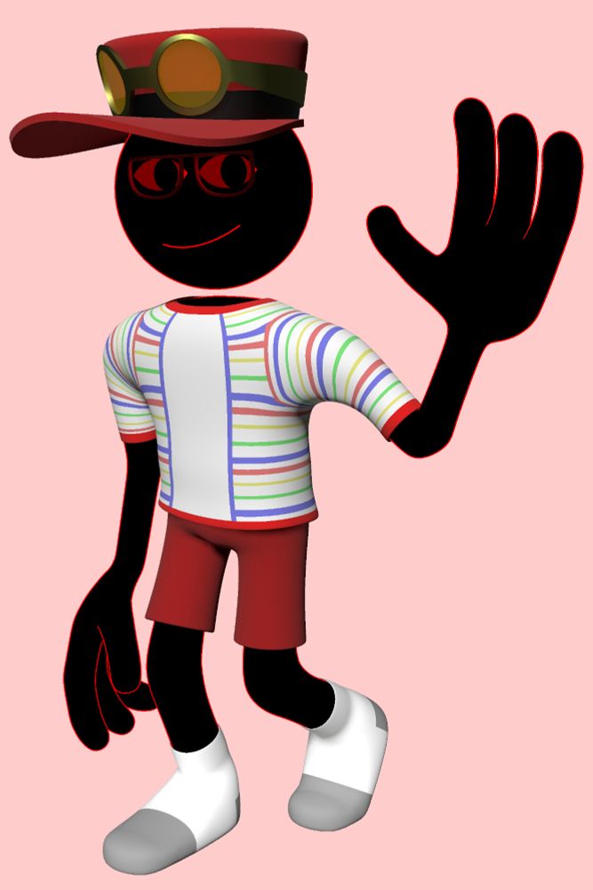 
A render of Conavia. Its body is pitch black with red outlines. Its head is spherical, and floating, disconnected from the torso. 

It's in its casual indoors outfit. Along with its cap and shades, it's wearing a white shirt with red, yellow, green, and blue stripes. Along with red shorts, and white-gray socks.

It's waving at the viewer.