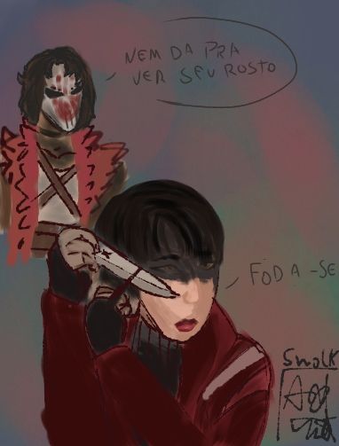 Assassinos do RPG natal macabro ,Jay de jaqueta vermelha está fazendo um delineado usando sua faca