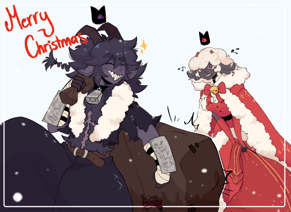 
Dialogue to the art:

Cove: Hallow Hun...is that one of my followers in there?
Hallow: kekeke yep!
Cove: Hun.. we're meant to be giving out presents
Hallow: less presents to give ùvú


60% chance that's Nari In there
