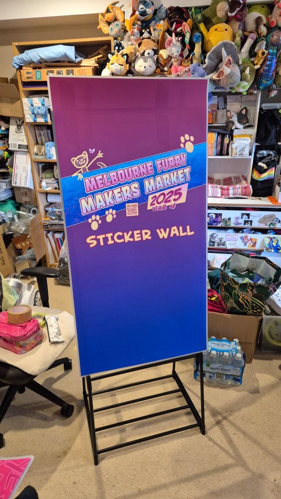 A photo of a Laminated Poster styled Sticker-Wall in lush maroon and blu colours with text on it that reads "Melbourne Furry Markers Market - 2025 Year 4 - Sticker Wall"