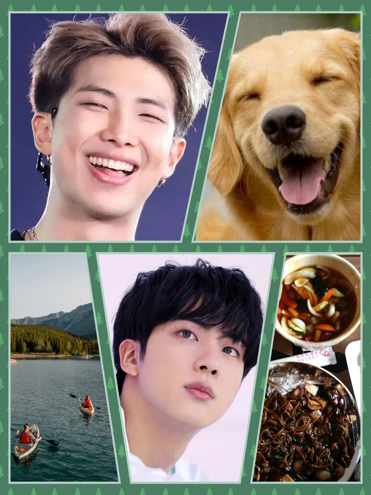moodboard featuring pictures of Kim Namjoon, Kim Seokjin, a golden retriever, kayaking on a lake, and takeout jjajangmyeon