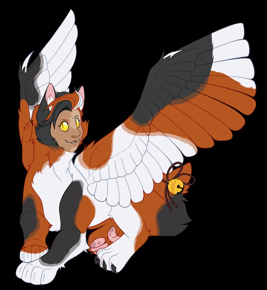 A Sphinx monster is laying down and looking at the viewer. They are smiling and have calico patterning on their body. They have large with and a bell tied around their tail.