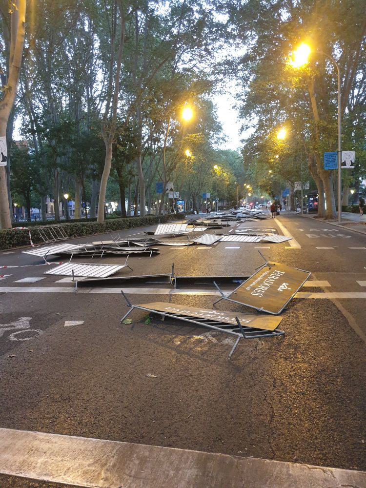 Descripción de una calle urbana arbolada al anochecer o amanecer, con numerosas vallas metálicas esparcidas y caídas sobre el asfalto. La imagen muestra una larga avenida flanqueada por altos árboles frondosos de hoja verde en ambos lados. Varias farolas de luz cálida están encendidas, iluminando la escena y sugiriendo condiciones de poca luz.

En el centro de la calle, que parece ser de asfalto oscuro y ligeramente húmedo, hay una gran cantidad de vallas de seguridad o publicitarias desordenadas. Algunas son de color blanco con rayas horizontales, mientras que otras son paneles marrones con estructuras metálicas. Una de las vallas marrones en primer plano, tumbada en el suelo, lleva el logo y el texto "PARADORES".

El suelo de la calle también presenta marcas viales blancas, incluyendo las palabras "BUS" y "TAXI". A lo lejos, se pueden observar algunas figuras humanas caminando por la acera derecha y más vallas apiladas. El conjunto da una impresión de desorden, del final de un evento o de un montaje/desmontaje en curso.