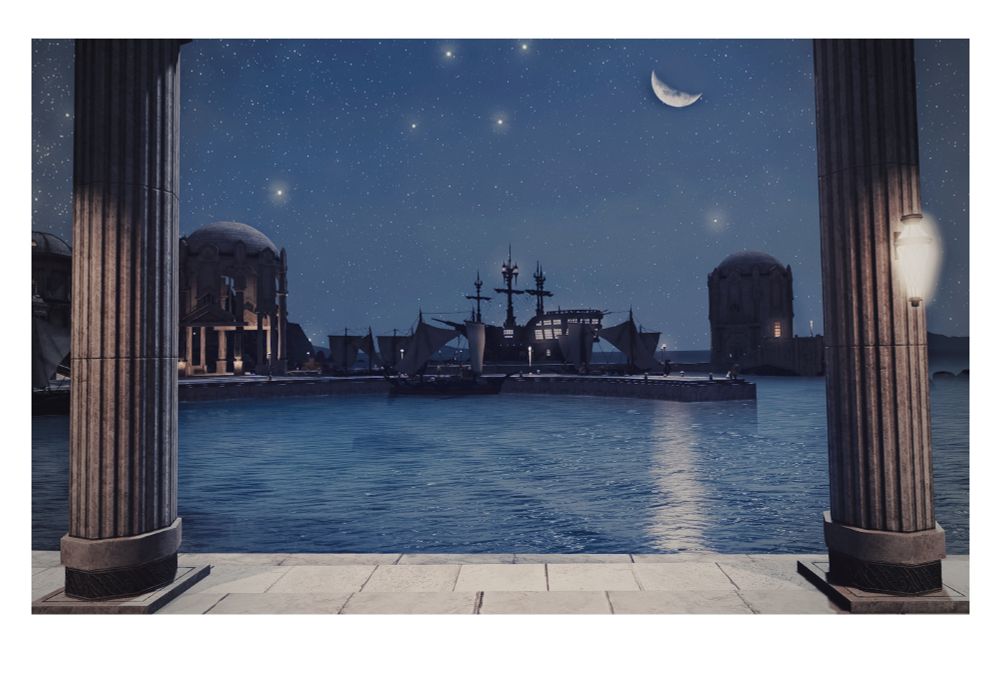 a view looking between two stone columns onto a harbor with light activity. overhead, stars and constellations dot the night sky. a waning crescent moon is overhead, creating a beam of light over the sea that draws ones eye back to the foreground