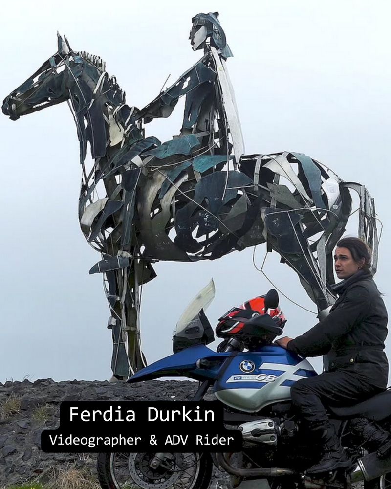 Ferdia sits astride his GS 1150.
Onscreen text: "Ferdia Durkin - Videographer & ADV Rider"