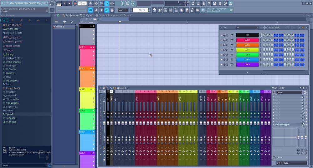 a screenshot of an empty project in FL Studio, that has been colored in a highlighter rainbow aesthetic