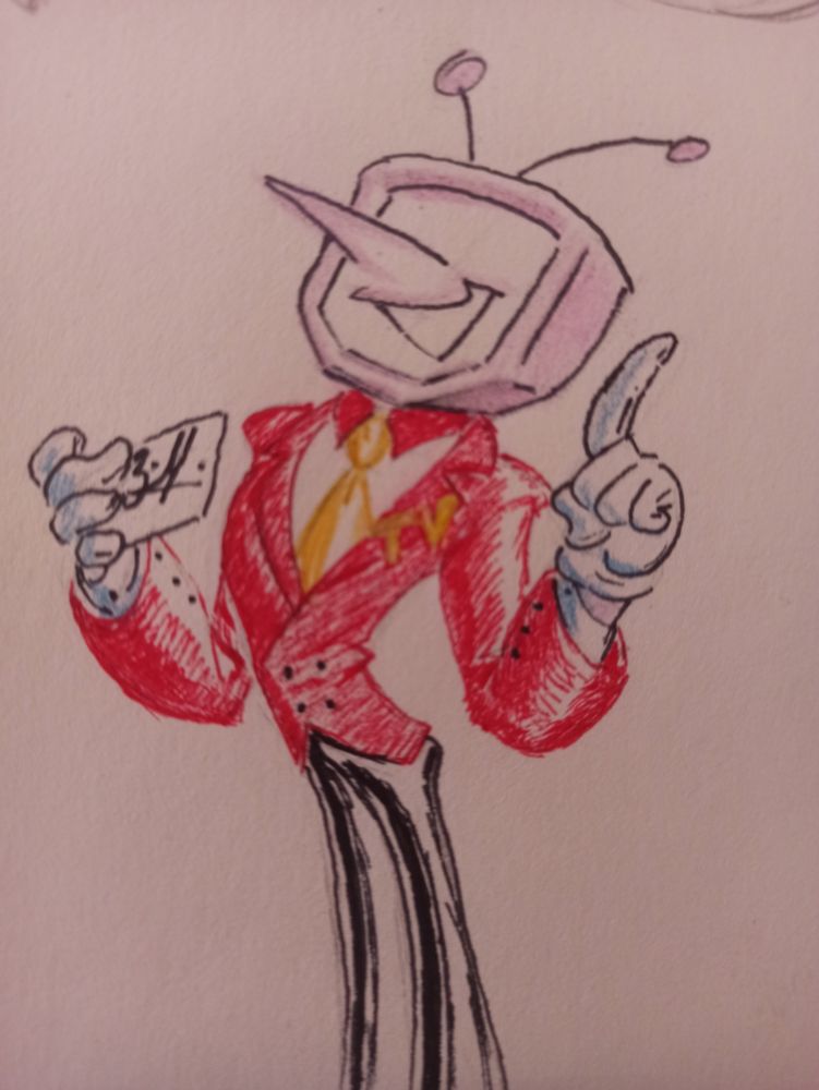A traditional drawing of Mr. Ant Tenna from the game Delatrune. A TV game show host and presenter.