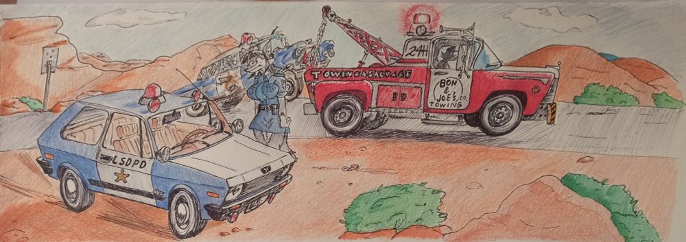 Foxy Caine looking dumbfounded at her replacement vehicle which happens to be a Yugo 45 as her totaled 1958 Edsel citation is being towed away by a red tow truck of original design. All taking place within an open desert.