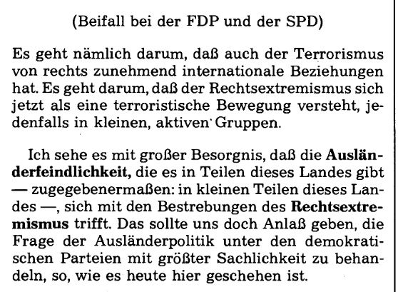 Gerhart Baum sprich im Bundestag darüber, dass die Ausländerpolitik mit größter Sachlichkeit zu diskutieren ist 