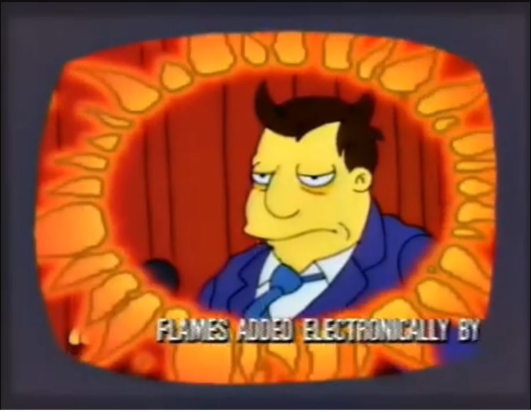 Diamond Joe Quimby from the Simpsons looking sickly with hair peaked like devil horns