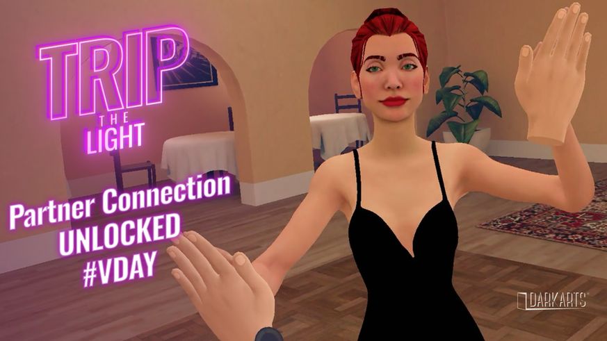 In game rendering of woman in black dress. Text: Partner Connection UNLOCKED #VDAY