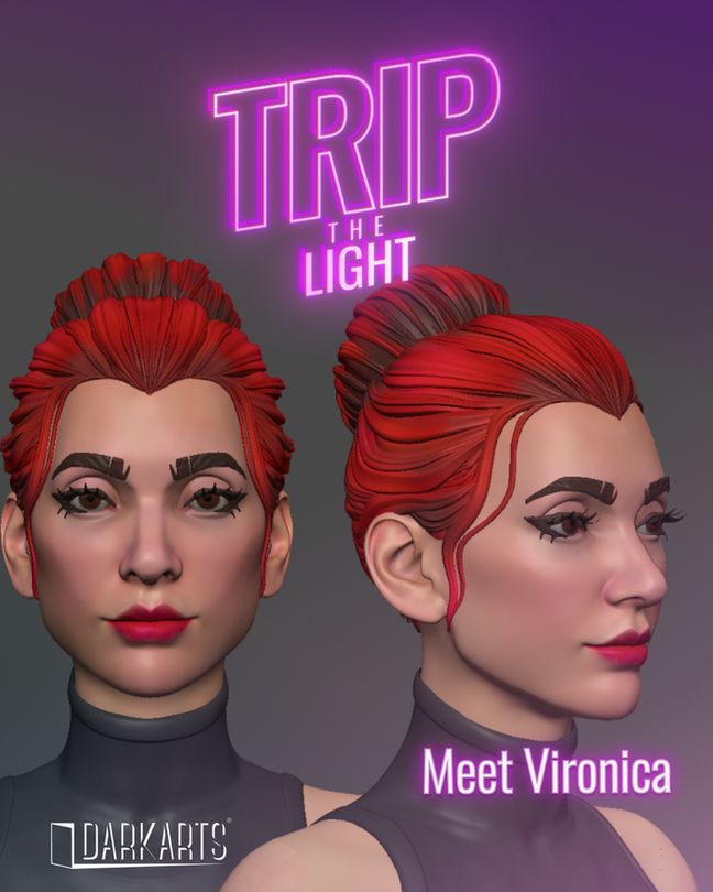 3D model close up of game character Vironica with light skin and red hair and red lipstick. Text: meet vironica. Trip the Light, Dark Arts.