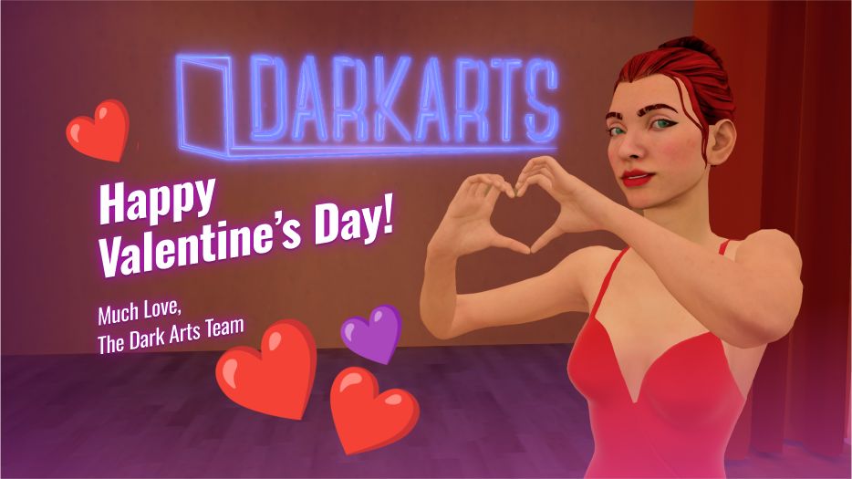 Woman Game character in red dress, making a heart shape with her hands. text: Happy Valentine's Day, much love, the dark arts team. Lots of hearts 