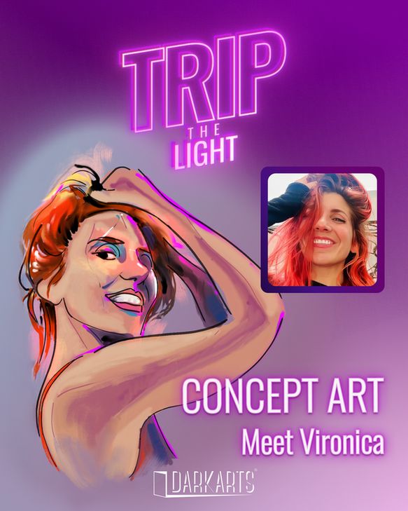 Digital Painting of a woman with red hair with a photo of the woman it was based on. Concept Art, meet Vironica. Trip the Light, Dark Arts.