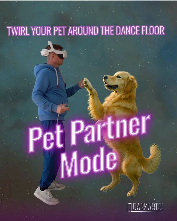 Man in blue sweats wears a VR headset with controllers and is dancing with a golden retriever in space. Text: "Twirl your pet around the dance floor. Pet Partner Mode."