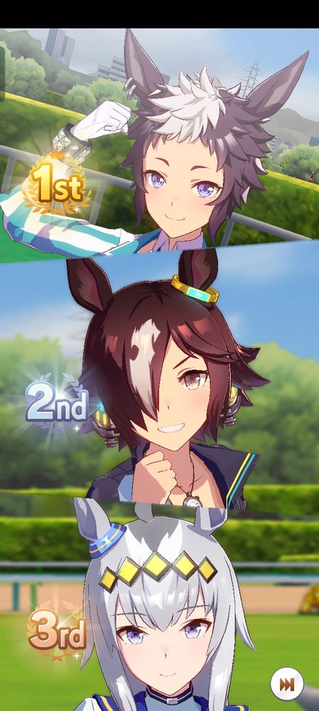 A screenshot of the victory page of the Uma Musume Virgo Champions Meeting, with Mejiro Ryan at first, Vodka at 2nd and Oguri Cap at 3rd