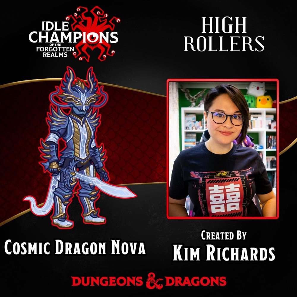 A graphic showing the new cosmetic skin for Cosmic Dragon Nova in Idle Champions. The armour is blue with gold accents and crystalline elements, with a dragon tail and a helm that has 4 eyes and dragon whiskers. There’s also a photo of me, Kim, but that’s boring 🤣