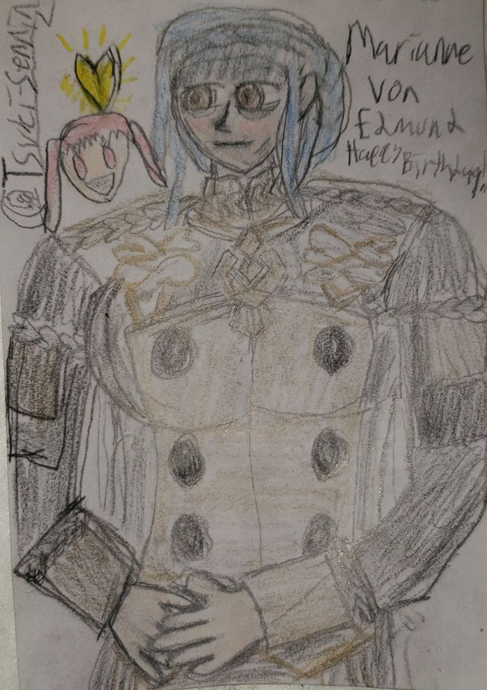 The Fire Emblem Three Houses character Marianne von Edmund (pre-timeskip design), drawn in colored pencil. Over her right shoulder is a crudely drawn version of Hilda Valentine Goneril (who she is popularly shipped with), and a yellow heart.