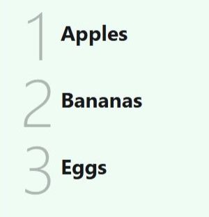 A screenshot of the QR a Thing user interface from the readonly end-user pespective of the list that was created in the other image. There is a sage green area with a numbered list consisting of large semi-opaque numbers on the left side of large black text that holds the actual list values.

They read:
1. Apples
2. Bananas
3. Eggs