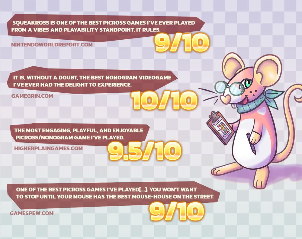 Squeakross review roundup:

Squeakross is one of the best picross games I've ever played from a vibes and playability standpoint. It rules. 9/10 nintendoworldreport.com

It is, without a doubt, the best nonogram videogame I've ever had the delight to experience. 10/10 gamegrin.com

The most engaging, playful, and enjoyable picross/nonogram game I've played. 9.5/10 Higherplaingames.com

one of the best picross games I've played[...]. You won't want to stop until your mouse has the best mouse-house on the street. 9/10 gamespew.com