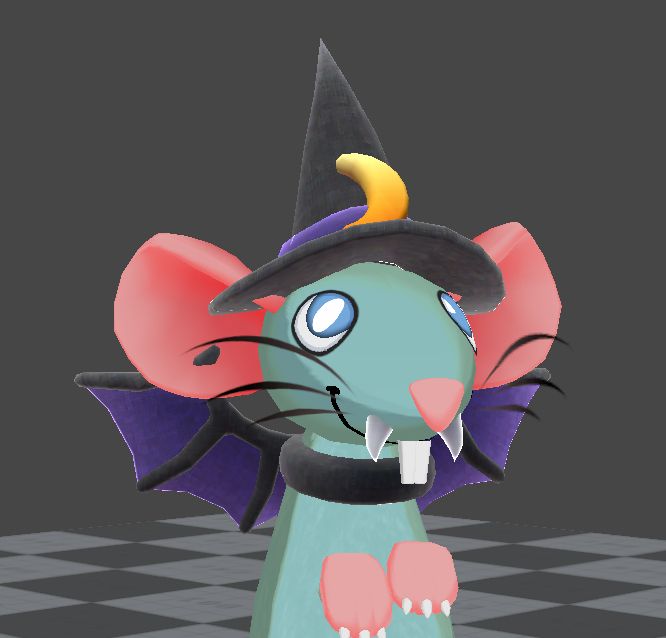 Squeakross Home Squeak home rodent, wearing a Witch hat, bat wings and with vampire teeth