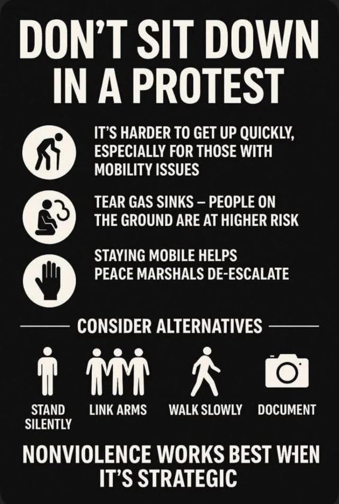Advisory warning poster for what to do in a protest: don’t sit down in a protest. It’s harder to get up quickly especially for those with mobility issues. Tear gas sinks people on the ground are at higher risk. Staying mobile helps peace Marshall’s de-escalate. Consider alternatives. Stand silently. Link arms. Walk slowly. Document. Nonviolence works best when it’s strategic.