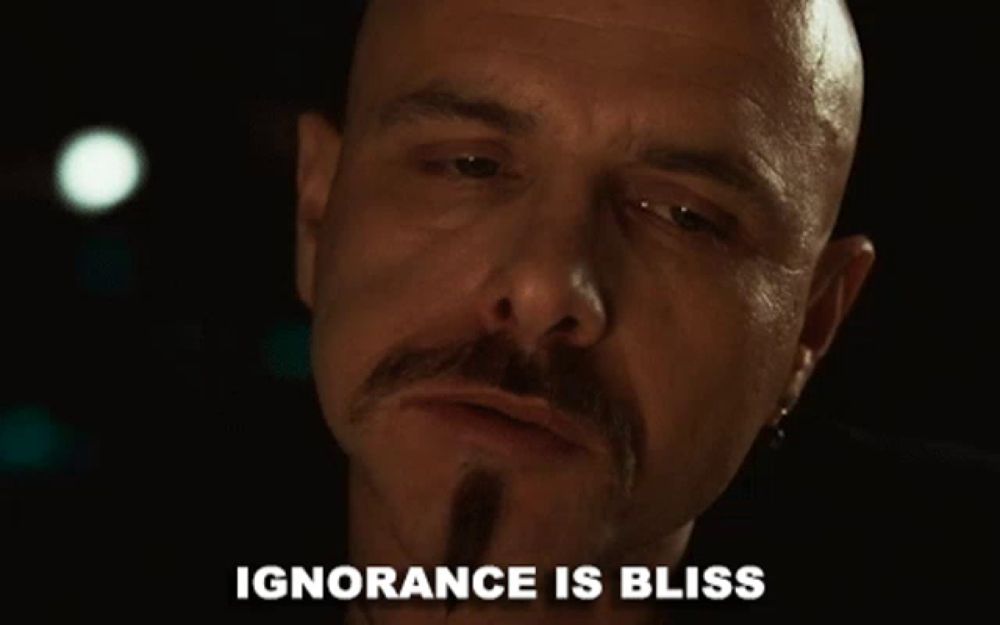 a bald man with a mustache has the words ignorance is bliss above his head