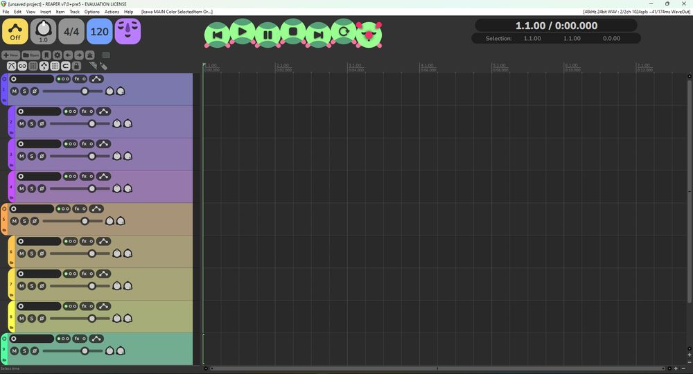 Screenshot of the sound software Reaper, with customized UI. It is colorful and silly, there is a big caterpillar.