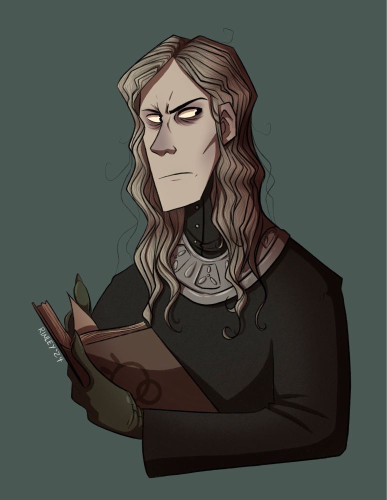 Digital art of Enki from fear and hunger looking pissed off and holding a book