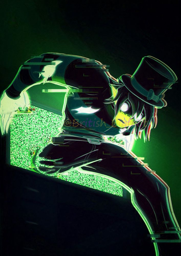 Fan art of Thafnine's character, Hacknine, a 7ft tall virus man with glowing green skin who wears a torn, black and green striped turtleneck sweater, black jeans and a top hat. He can be emerging for a computer monitor, hunched over and he places one foot on the ground and stares at you with his large, blank eyes. The background is dark, with green illumination from the monitor and Hack.