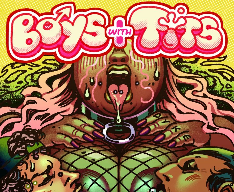 A fragment of a larger cover illustration with the title BOYS WITH TITS in pink and salmon hues. Underneath, two boys suck on another boy's big fat tits in a mesh shirt