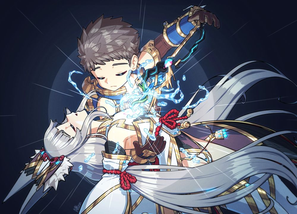 A drawing of Rex summoning Nia's blade weapon from her glowing core crystal.

Water is floating and spiralling around the weapon.

The pose and composition is inspired by the sword pulling sequences from Shoujo Kakumei Utena (Revolutionary Girl Utena).