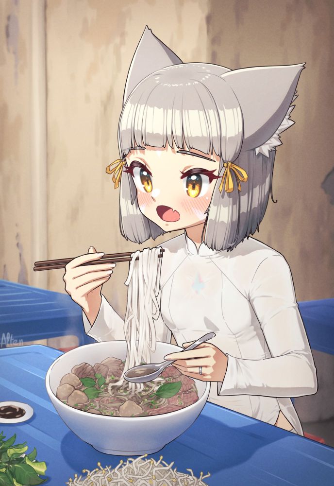 a drawing of nia from xenoblade chronicles 2 enjoying phở, a traditional vietnamese soup dish.

she is wearing an áo dài (a traditional vietnamese dress), and is sitting at a table on the sidewalk, near the stall she got her phở from. on the blue plastic table she's sitting at is her steaming hot bowl of phở, alongside two large plates containing a variety of leaves and greens on one plate and bean sprouts on another, with an additional small sauce dish containing tương đen (vietnamese hoisin sauce).

she is sitting on a small red plastic chair and is grabbing rice noodles with chopsticks using her right hand, preparing to put the noodles in her mouth, and is holding a spoon of broth with her other hand. she is wearing a silver ring on her left ring finger, and is looking at the rice noodles she is about to eat.

in the background are other blue plastic tables and weathered street walls.