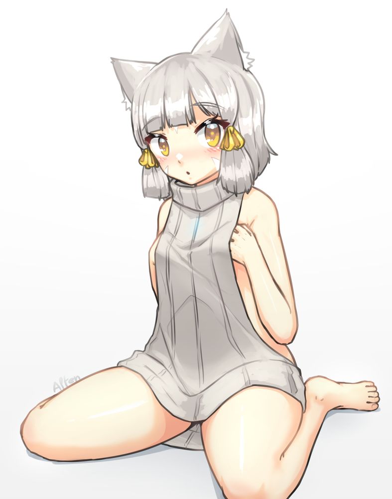 a drawing of nia from xenoblade chronicles 2 wearing a grey virgin killer sweater.
she is in a w-sitting position (wariza), sitting on her bottom, with her legs bent on each side of her body.
a light glow emits from her core crystal through her sweater, her fingers are tucked inside it from the sides, and are positioned slightly above her chest.