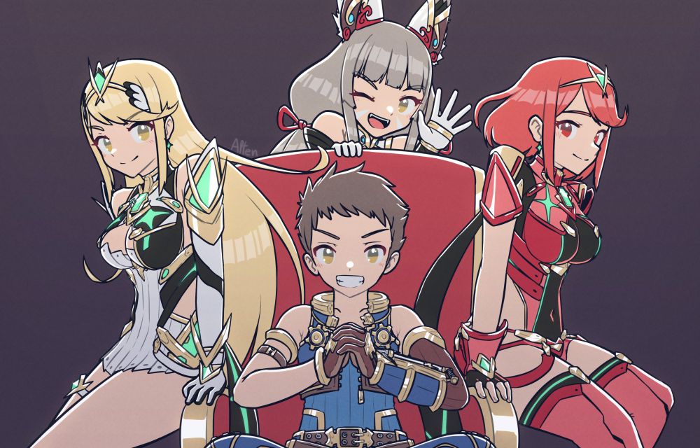 A drawing of Rex from Xenoblade Chronicles 2, with his fingers interlocked, sitting proudly on a throne while surrounded by his three romantic partners.

Pyra is sitting on the left arm of the throne, with her hands resting on the arm, smiling and looking at the point of view.

Mythra is sitting on the right arm of the throne, while facing the point of view with a determined smile.

Blade Nia is situated behind the throne, with one hand resting on its back and the other waving at the point of view. She is winking at the point of view with a big smile on her face.

The scene is inspired by one of the first shots of Demon Slayer's Entertainment District Arc's Opening.