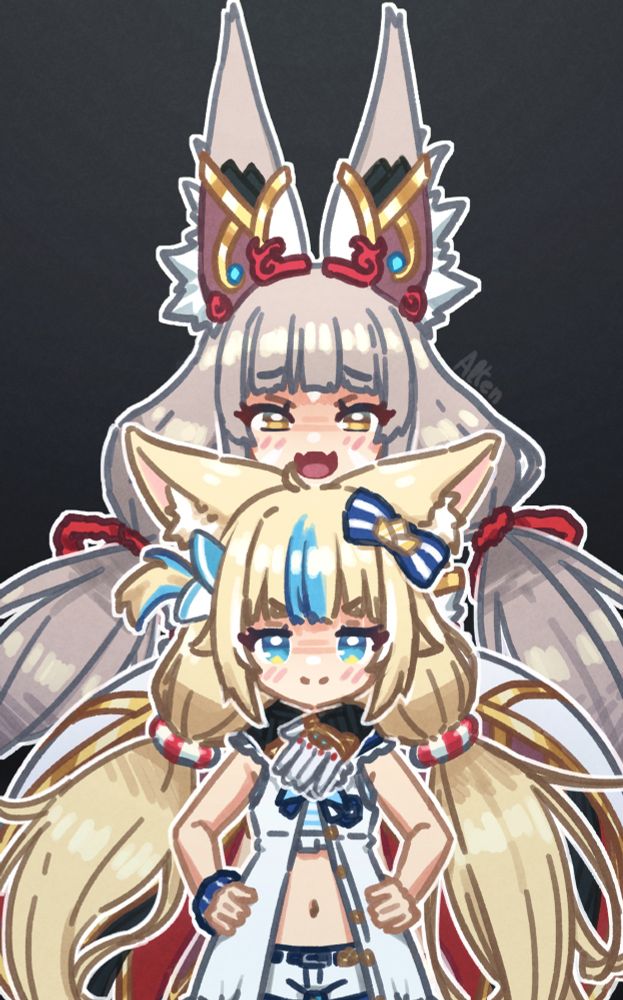 a drawing of sameko saba with her hands resting on her hips and nia from xenoblade chronicles 2 standing behind saba, with her hands wrapping around saba's shounders, hugging her.

they both have a smug expression.