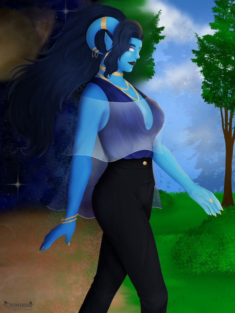 Artwork of an Alien women teleporting from space to earth. Character owned by CelestialKira