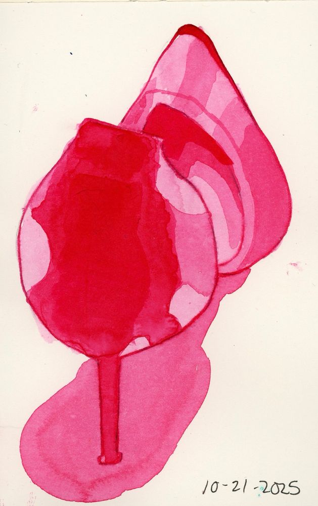 A high heeled shoe from behind and at an angle so the heel and toe are visible but the middle of the shoe is hidden by the angle. Everything is in shades of red. 