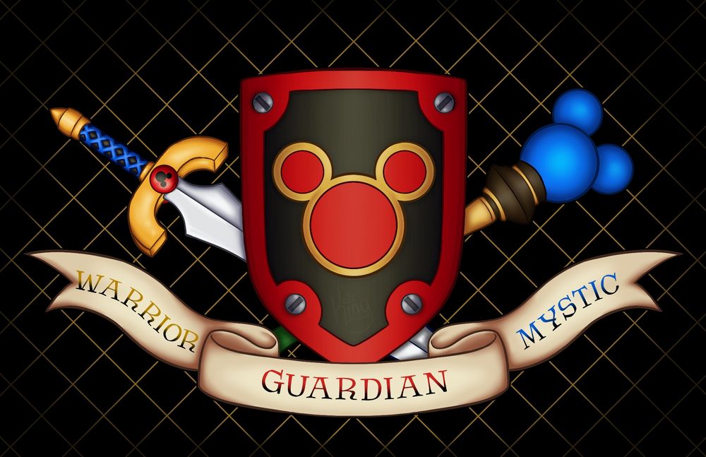 A coat of arms made with the dream weapons from the tutorials of the Kingdom Hearts franchise. The shield is layed on top of both the magic staff with the Mickey Mouse crystal and the sword. Underneath lays a ribbons with the words warrior, guardian, and mystic on it.