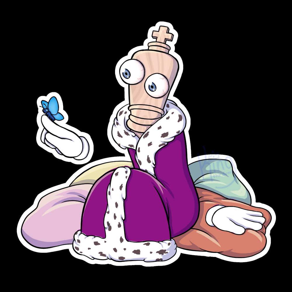 kinger, a animated chess king, sitting on a pile of colorful pillows with a blue butterfly resting on his pointed finger