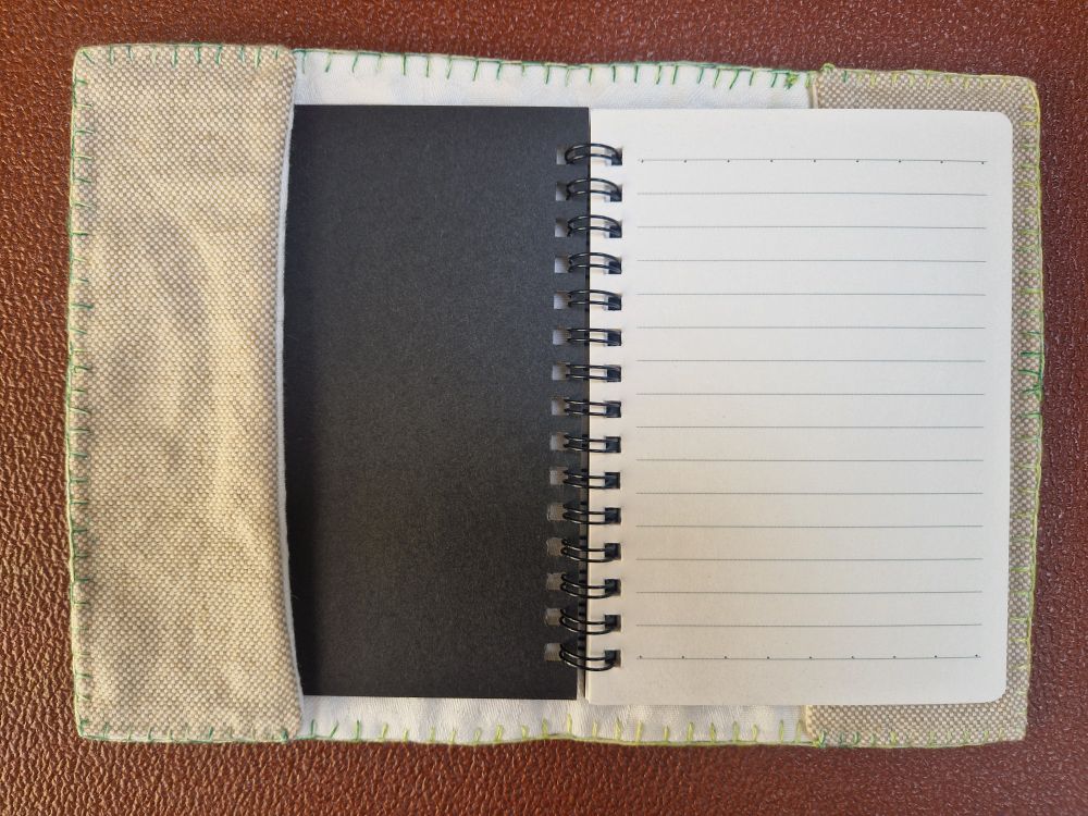 Inside of a notebook, showing how the front slots into the fabric cover.