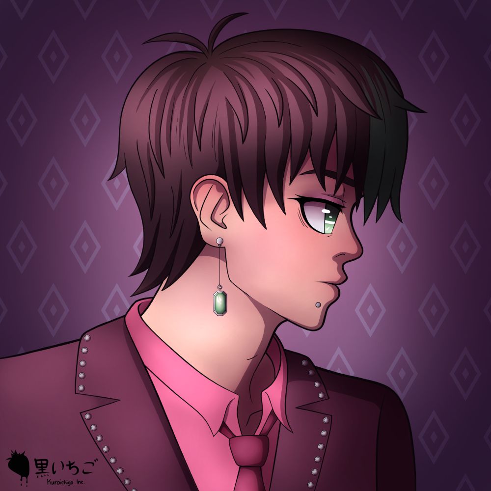 This boy is one of my OCs Jem.  He’s wearing a suit with a couple of diamond studs on it.   He is looking to the side away from the viewer.  He’s wearing emerald earrings and some makeup on his eyelids.  His hair is mostly dark brown with an emerald green color on the front.  The background is a purple wall with a blue diamond pattern.