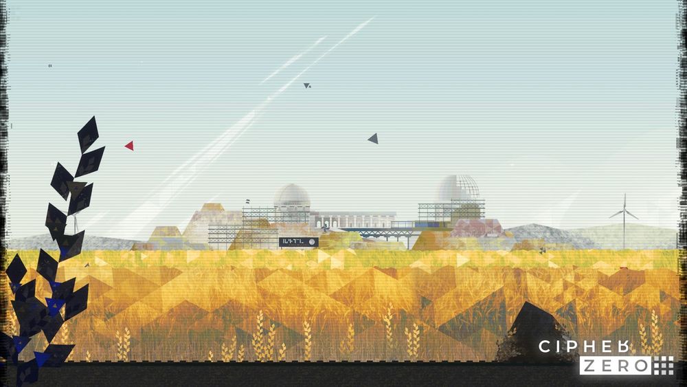 A screenshot of CIPHER ZERO's Powerplant, done in a minimalist design and colors. 

Fields of wheat are colored yellow and gold, diamond patterns in the wheat. Stray strands of wheat stand just in front of the mian fields. In the background, a dilapidated observatory is seen, parts of a dome missing panels while parts are replaced with thin scaffolding. A dark billboard is just in front of it. The CIPHER ZERO logo sits in the bottom right corner.